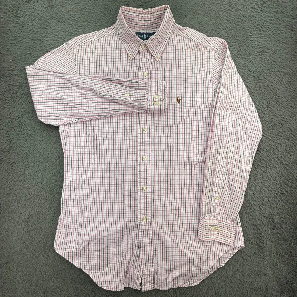 Ralph Lauren Button Down Shirt Mens 15.5 Pink Blue Check Classic Fit Long Sleeve